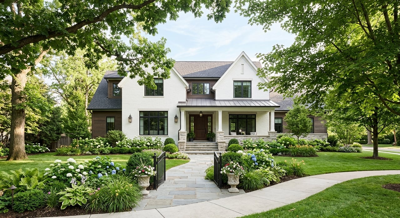 White-brick home with a limestone front walk beneath mature street trees.