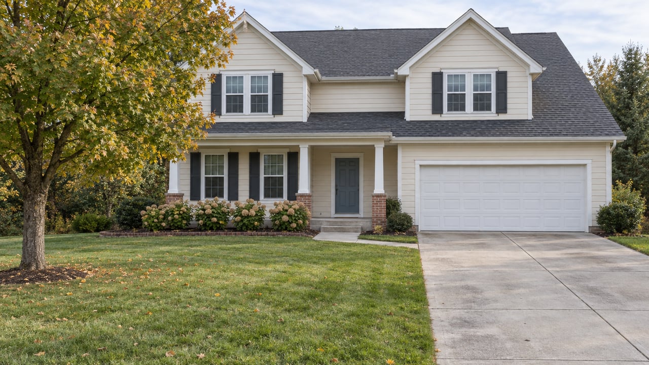 Cream two-story house with charcoal gables, an attached garage and a broad autumn lawn under soft daylight.
