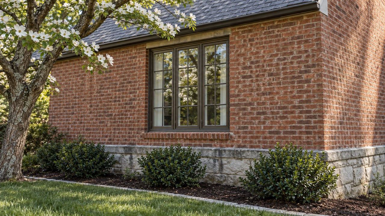 Red-brown brick house with a divided-light window, dogwood branches, and clipped shrubs along its stone foundation.