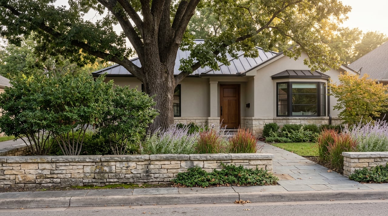 Mature oak shades a layered front garden behind a buff limestone wall, with a taupe stucco home beyond.