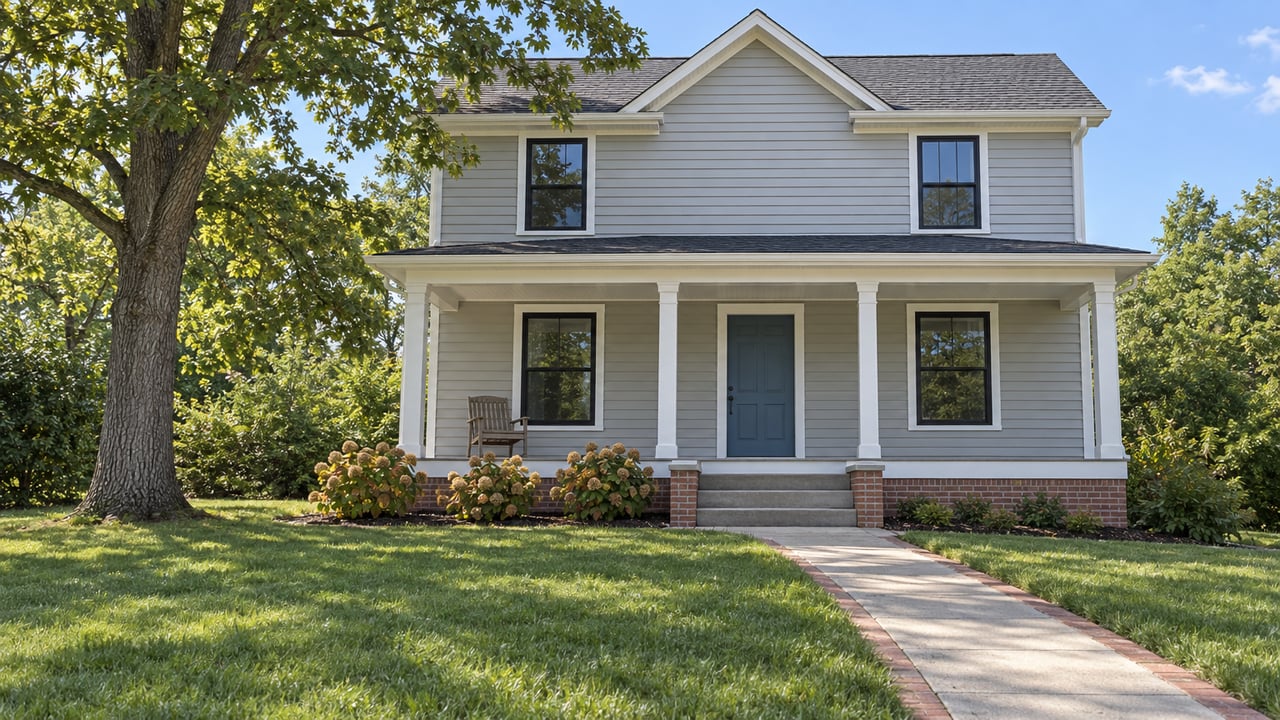 Gray-sided gabled home with a white front porch, blue door, broad lawn, oak tree, and autumn oakleaf hydrangeas.