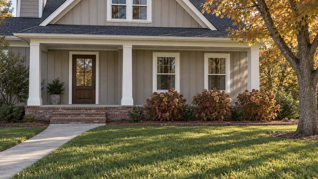 Autumn sunlight crosses a deep lawn and brick steps leading to a taupe-sided home with a covered porch and amber maple foliage.
