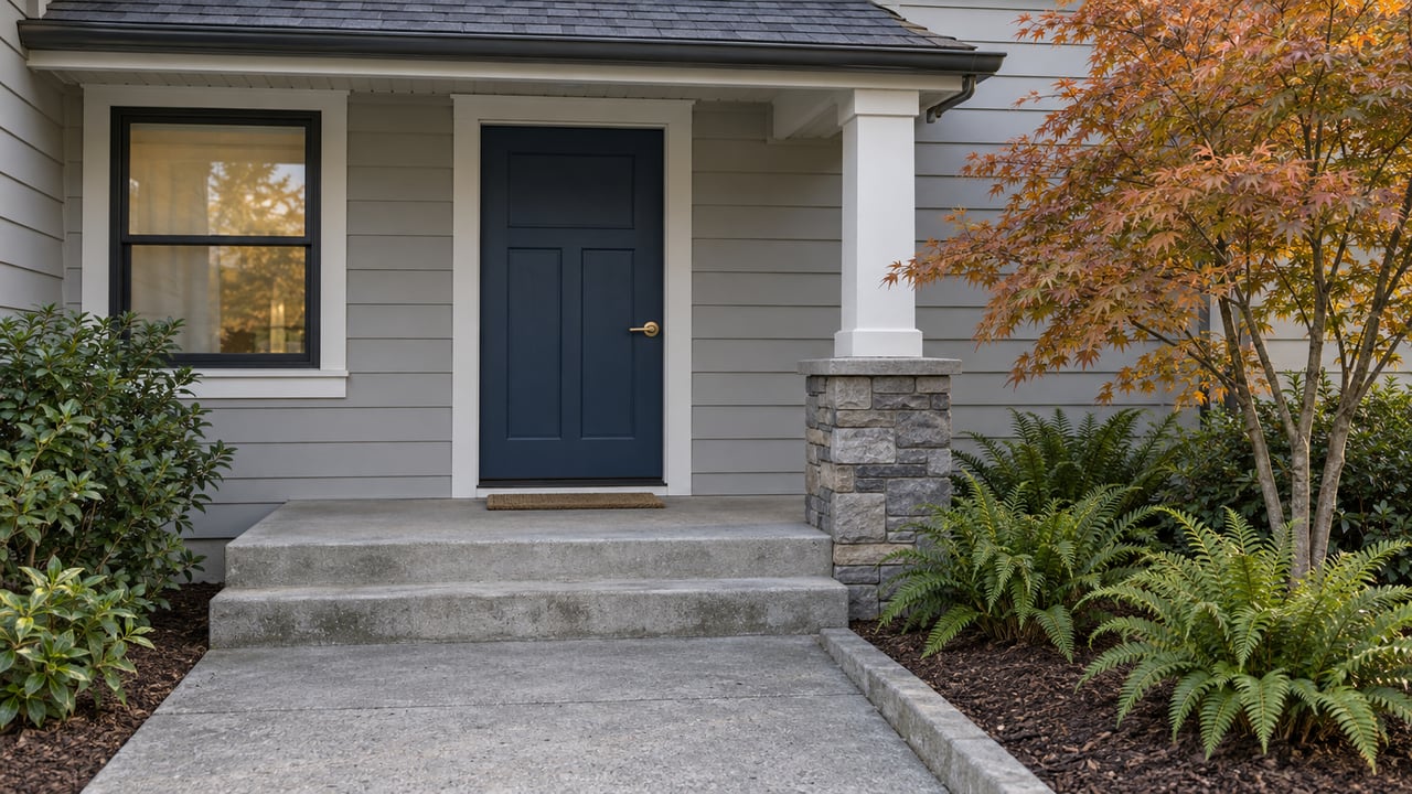 Covered house entry with gray lap siding, a navy door, concrete steps and a vine maple above sword ferns.