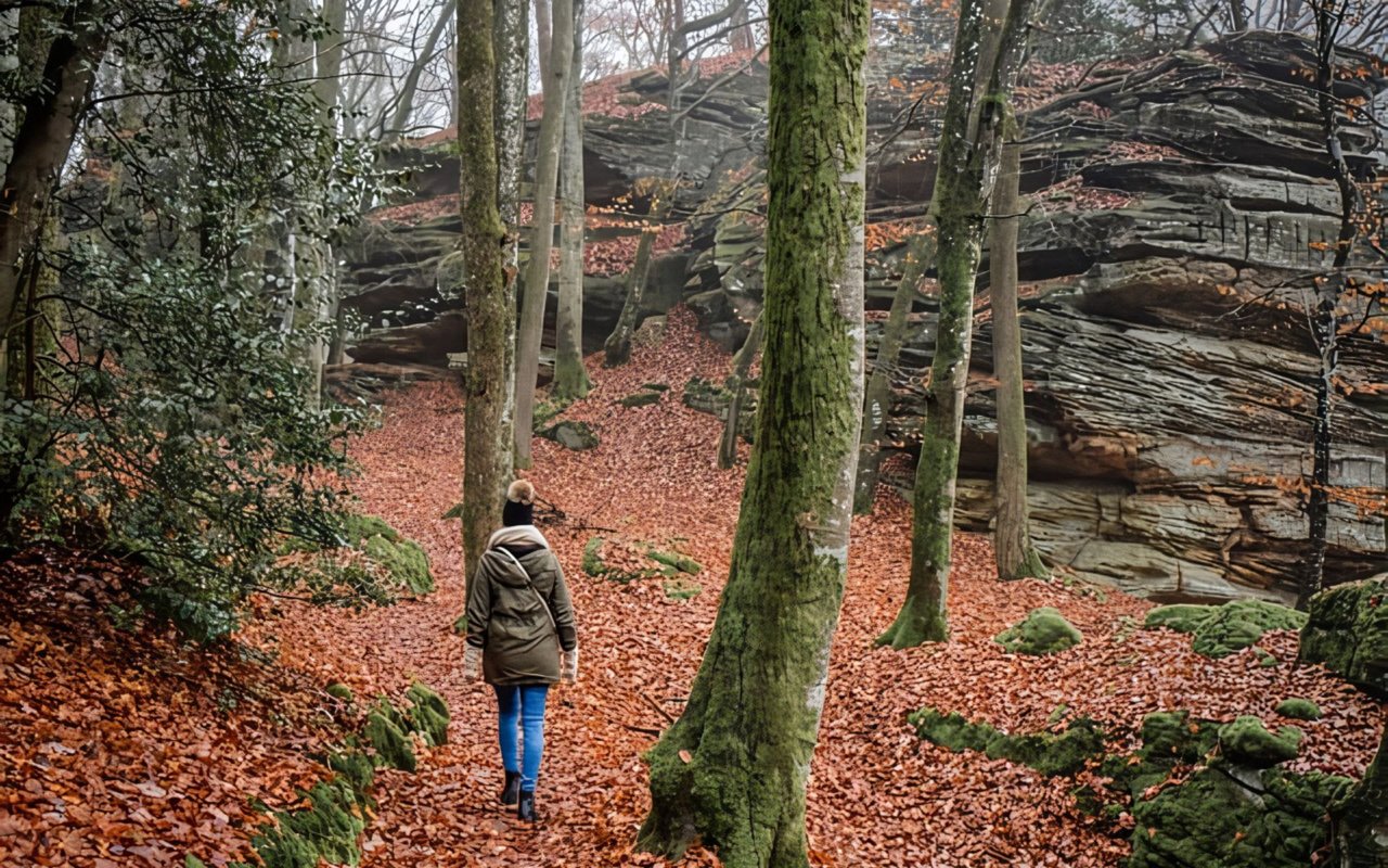 A hiker walking through a vibrant autumn forest toward massive, layered rock formations.