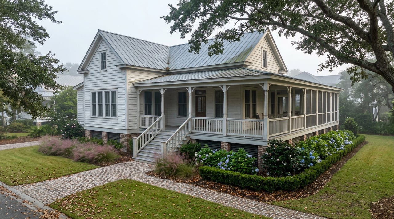 Raised white coastal cottage with a wraparound porch, brick piers, and a curved garden path beneath a spreading oak.