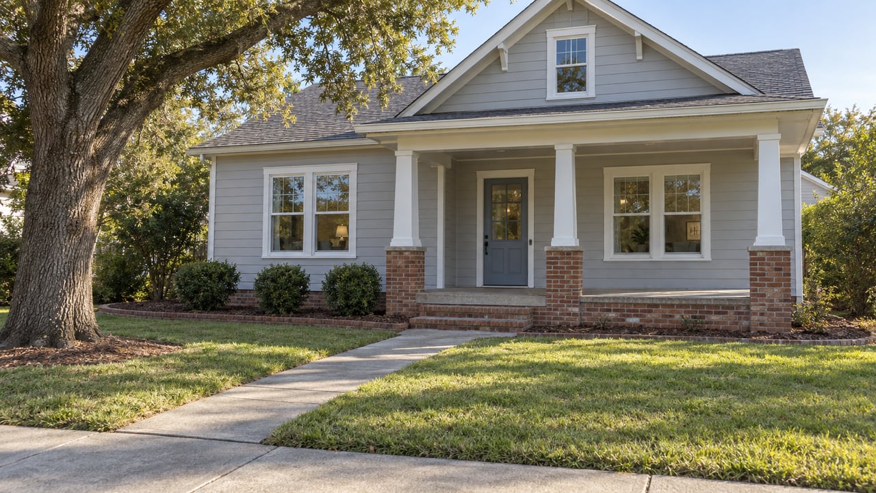 Pale gray gabled home with a covered porch, brick foundation and concrete walkway across a deep lawn beneath a spreading live oak.
