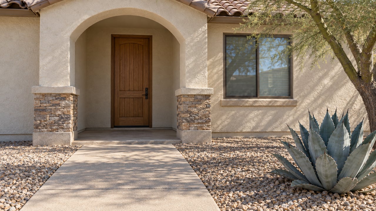 Cream stucco home with a barrel-tile roof, arched entry, stone pier bases, and a concrete path through desert gravel planting.