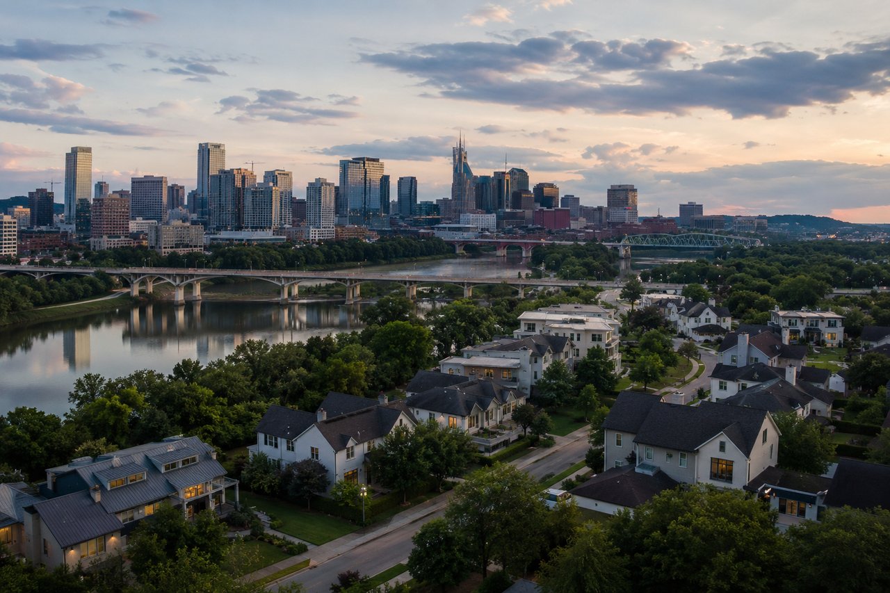 City skyline at dusk with bridges by Morrell Property Collective Real Estate Experts in Nashville