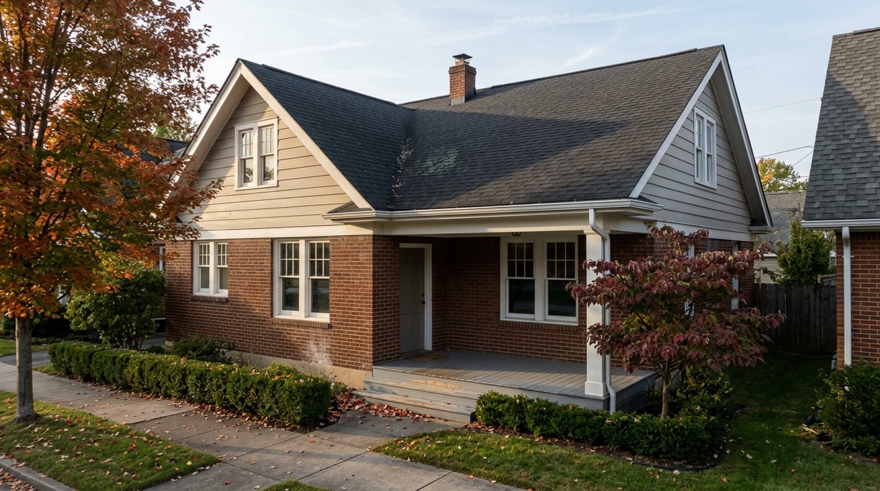 Early-twentieth-century brick house with a white-columned porch, autumn trees, and a narrow lawn and walkway.