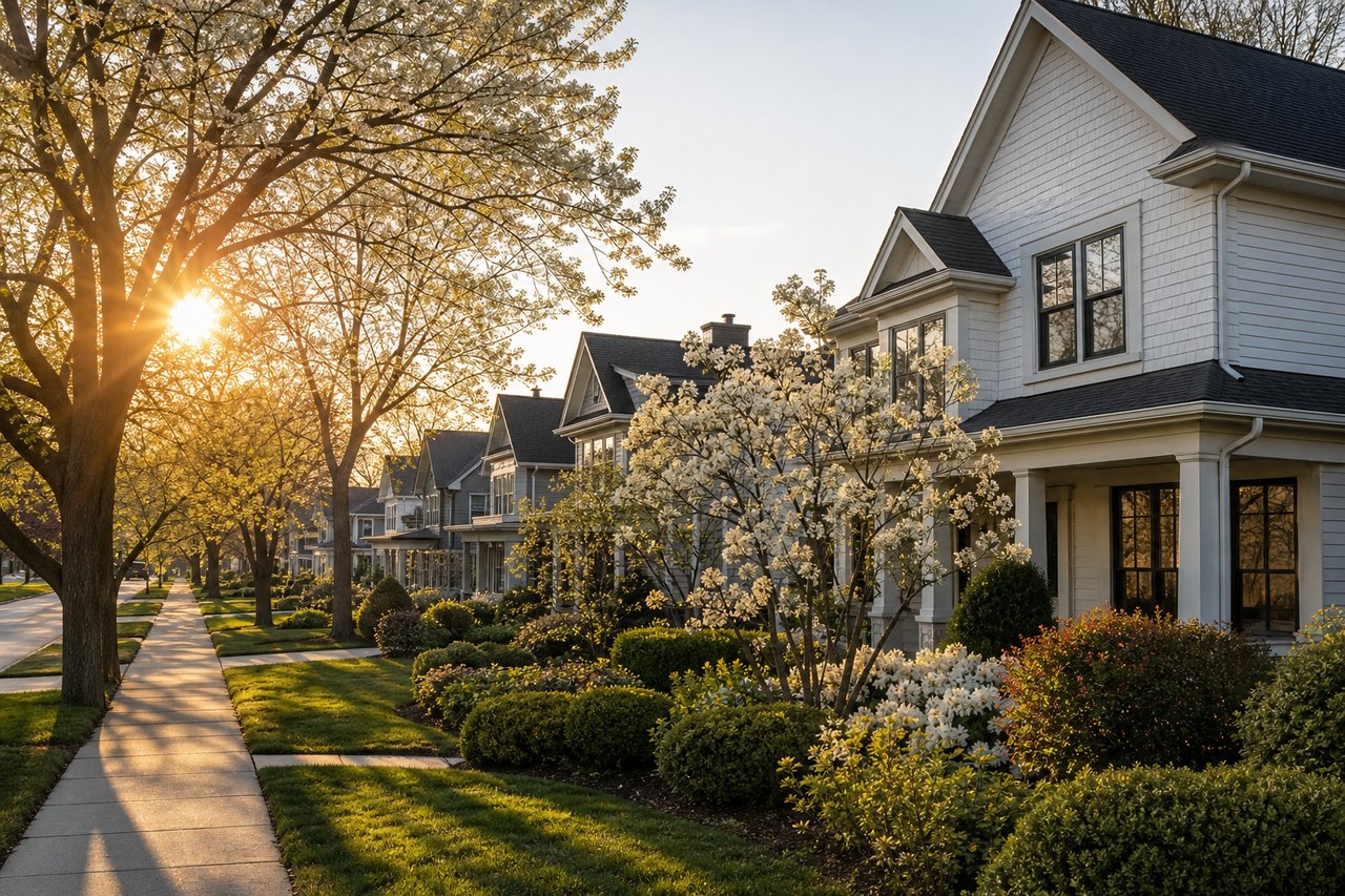 Tree-lined residential street in Downers Grove with well-maintained homes and spring landscaping at sunset.