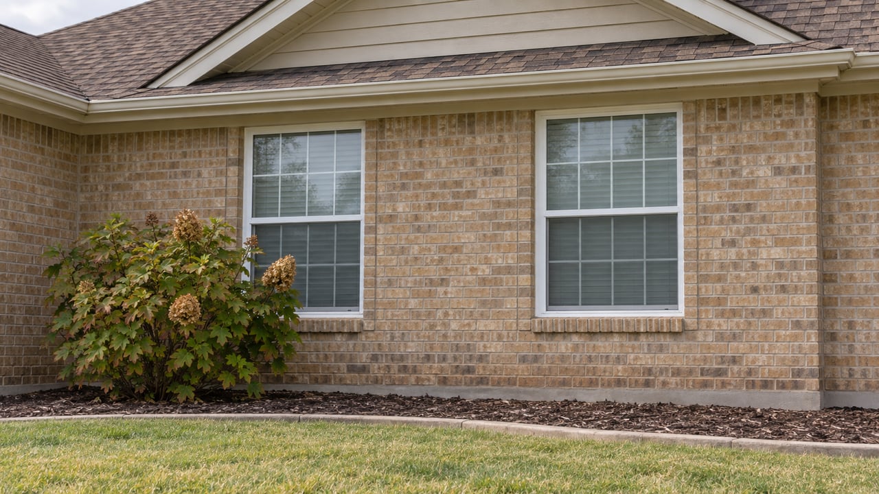Buff brick front window bay with white trim, an oakleaf hydrangea and a green-and-straw lawn in soft daylight.