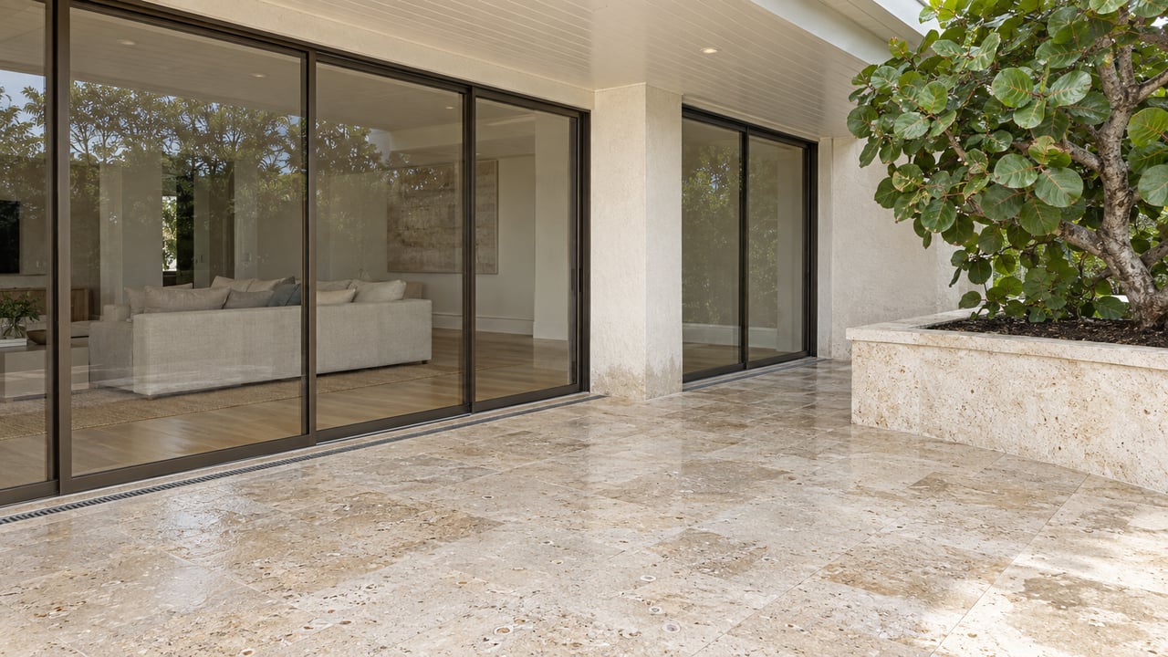 Covered shellstone terrace beside closed bronze-framed glazing, pale stucco and a sculptural sea grape tree in a raised stone planter.