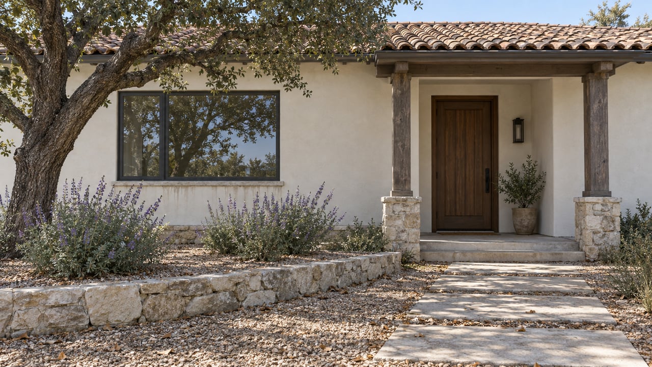 Off-white stucco house with a recessed timber door, charcoal-framed window, oak tree, and gravel garden path.