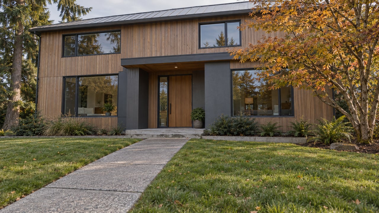 Cedar-and-charcoal contemporary home beyond an autumn lawn, with a concrete approach and a russet-leaved vine maple.