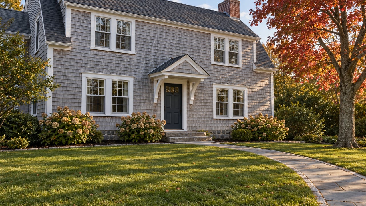 Weathered cedar-shingle house with white sash windows, granite entry steps and a deep autumn lawn beside a red maple.