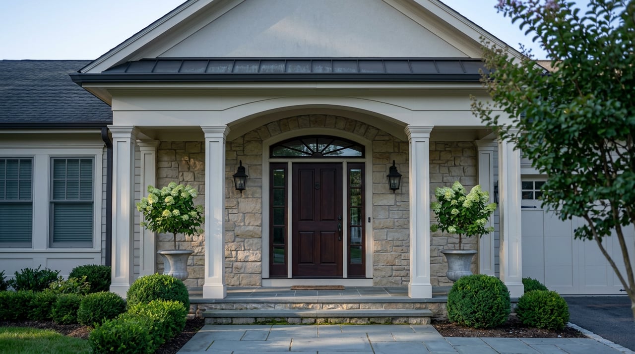 Stone-fronted home entry with paired columns, an arched glass transom, urn planters, and bluestone steps.