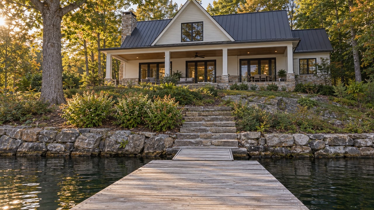 Timber dock and stone steps rise toward a lakefront house with off-white siding, a stone base, and charcoal gable roof.
