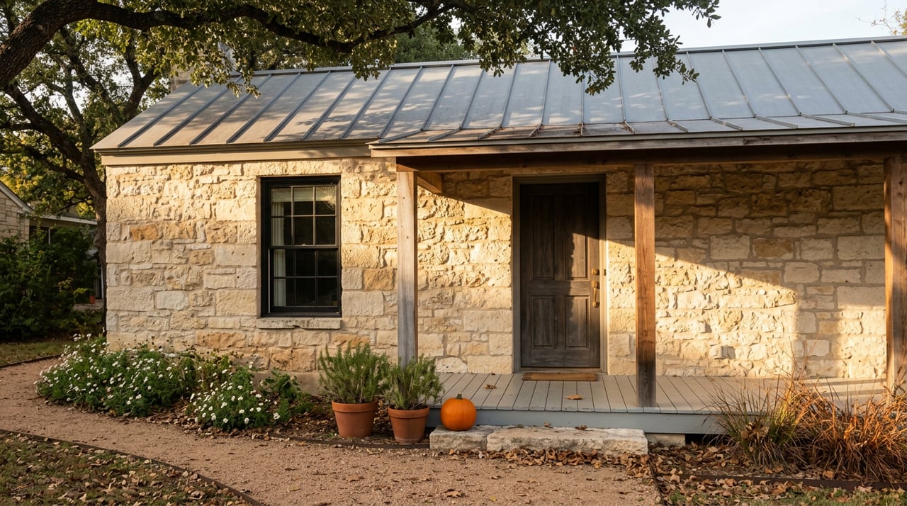 Limestone cottage porch with cedar posts, a pumpkin on the step, and an oak canopy overhead.