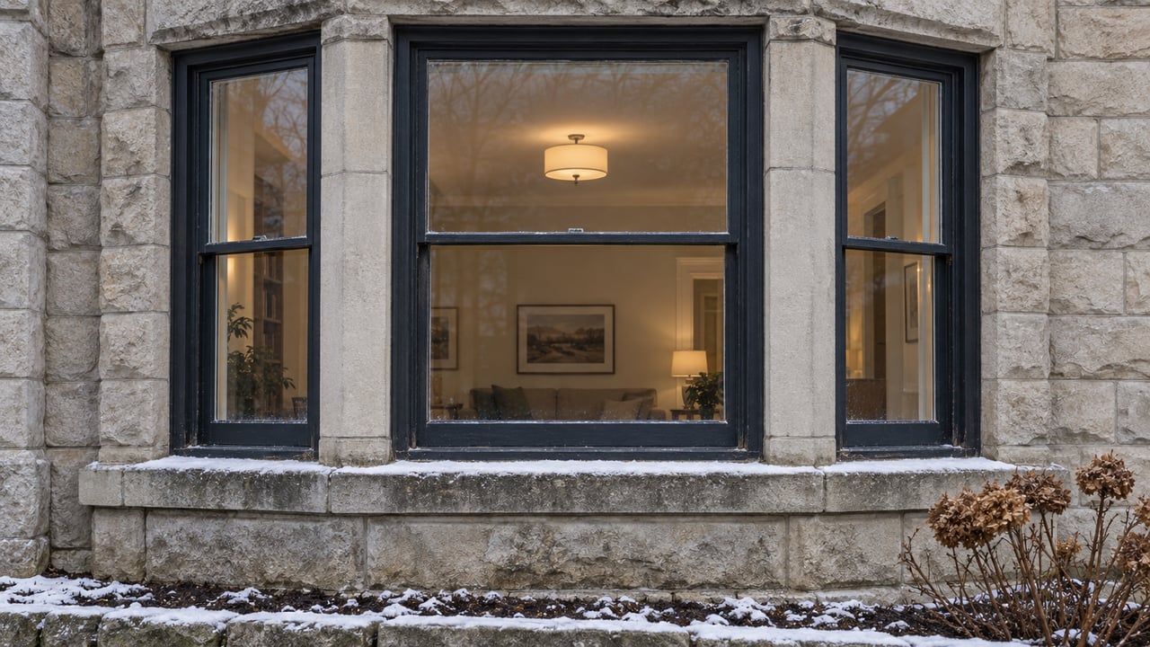 Limestone bay window with dark timber frames, warm interior light and light snow on its sill above a dormant oakleaf hydrangea.