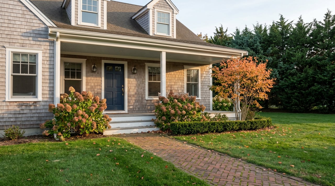 Gray-shingled coastal home with a navy door, brick path, and bronze hydrangeas beside the porch.
