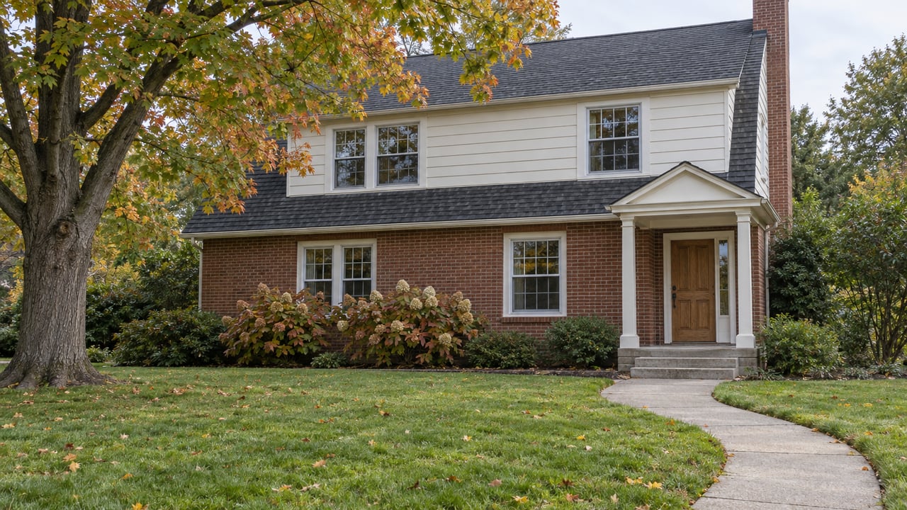 Brick and warm-white clapboard home behind a deep autumn lawn, with a curved concrete walk, oakleaf hydrangeas, and a mature sugar maple.