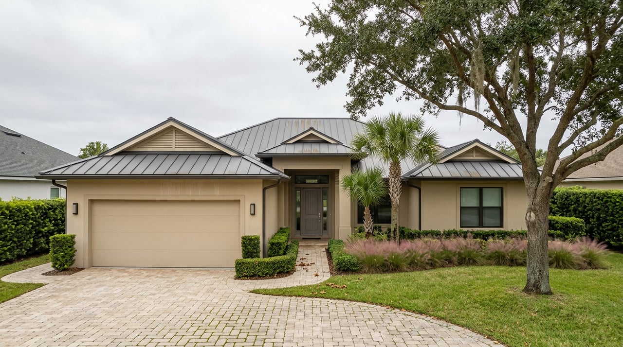 Coastal-modern home with a curved paver driveway, lawn, live oak, and palms.