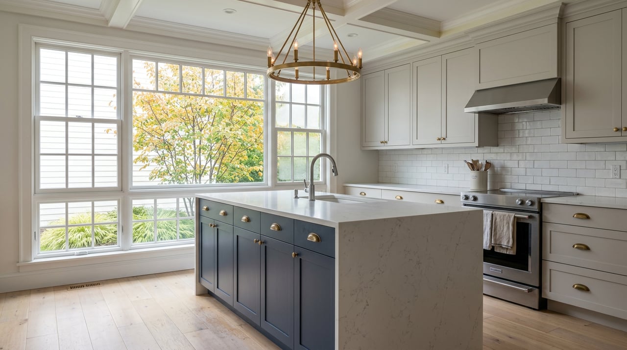 Kitchen with navy and gray cabinets, brass pendant, white waterfall island, and a serviceberry tree in fall color.