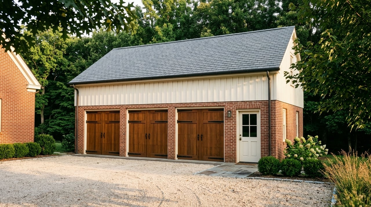 Three-bay red brick garage with wooden doors, white upper siding, and a steep gray roof.
