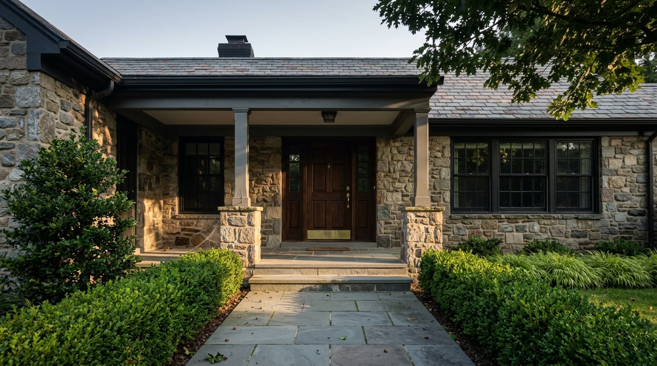 Fieldstone home with a covered entry, dark wood door, and bluestone walk bordered by clipped hedges.