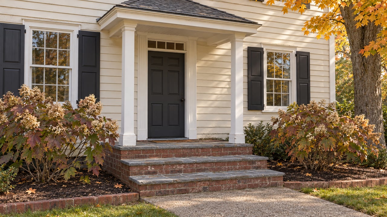 Ivory clapboard home with a covered charcoal entry, brick and bluestone steps, and russet oakleaf hydrangeas in autumn light.