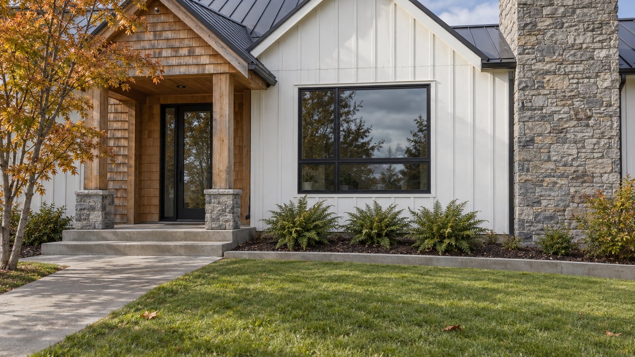 An updated home with cedar shingles, white board-and-batten, a stone chimney, and an autumn maple beside a concrete entry walk.