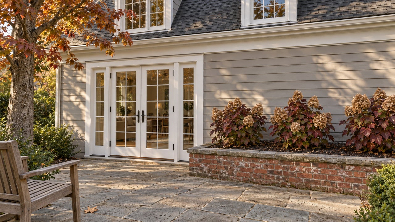 Greige clapboard home opening onto a flagstone terrace, with white French doors, a weathered teak chair and autumn oakleaf hydrangeas in a brick-edged bed.
