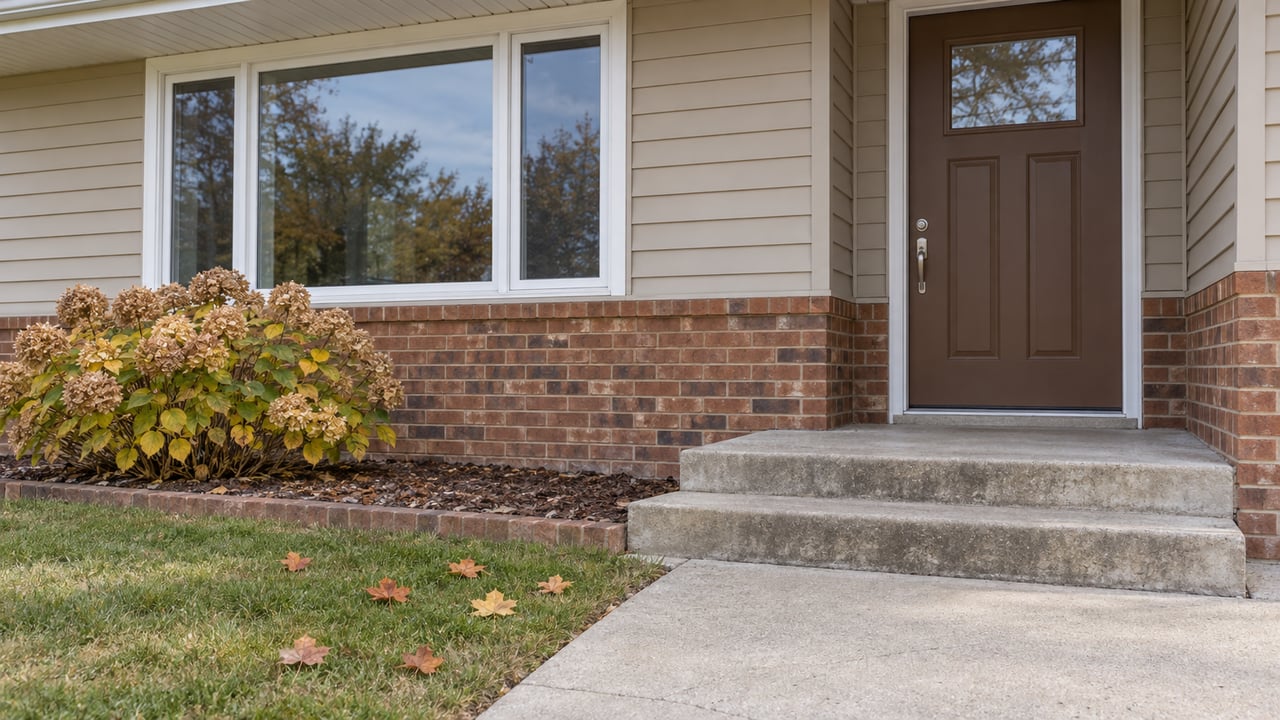 Tan-sided ranch entrance with a brown door, white-framed picture window, brick base, concrete steps and autumn hydrangea.