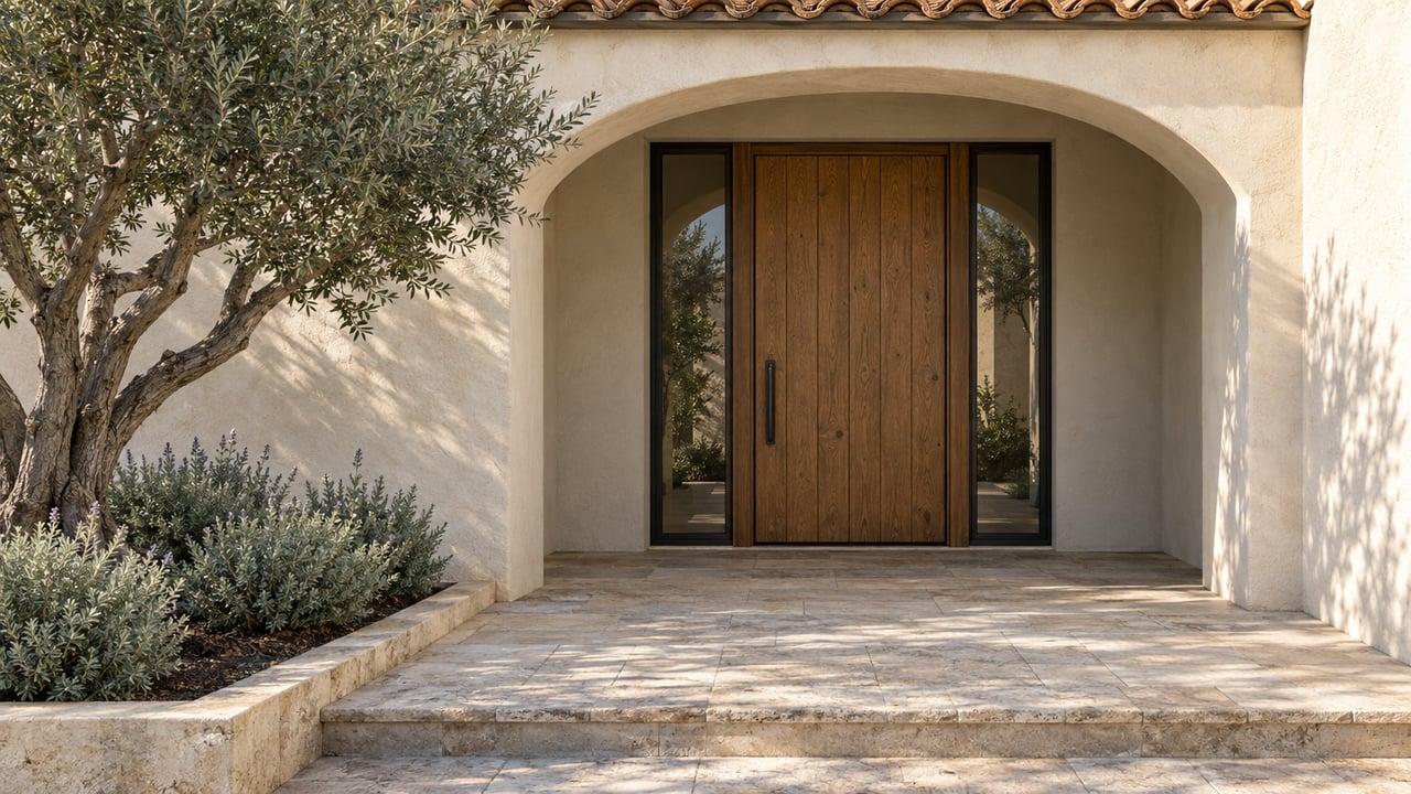 Arched ivory stucco entry with an oak door, paired bronze-framed sidelights, limestone paving and a sculptural olive tree.