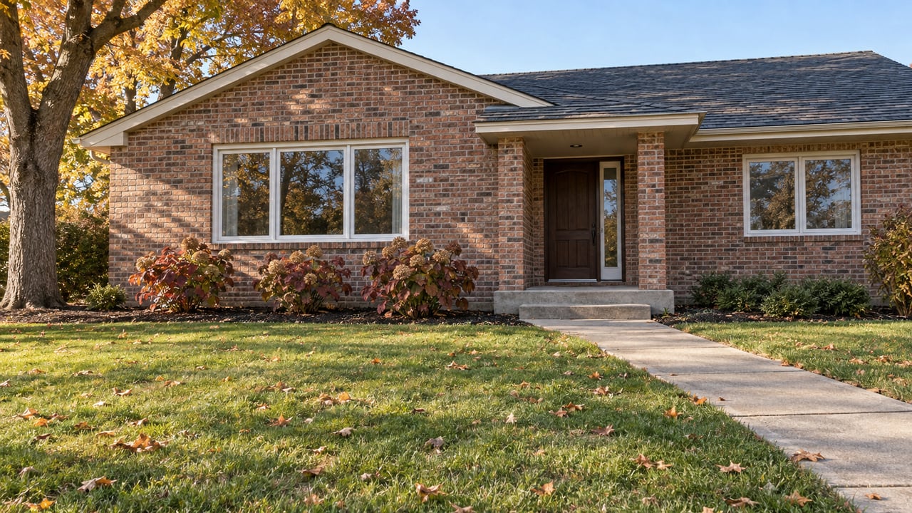 An established red-brick house behind a deep autumn lawn, with amber maple leaves, pale window frames, and a swept concrete front walk.
