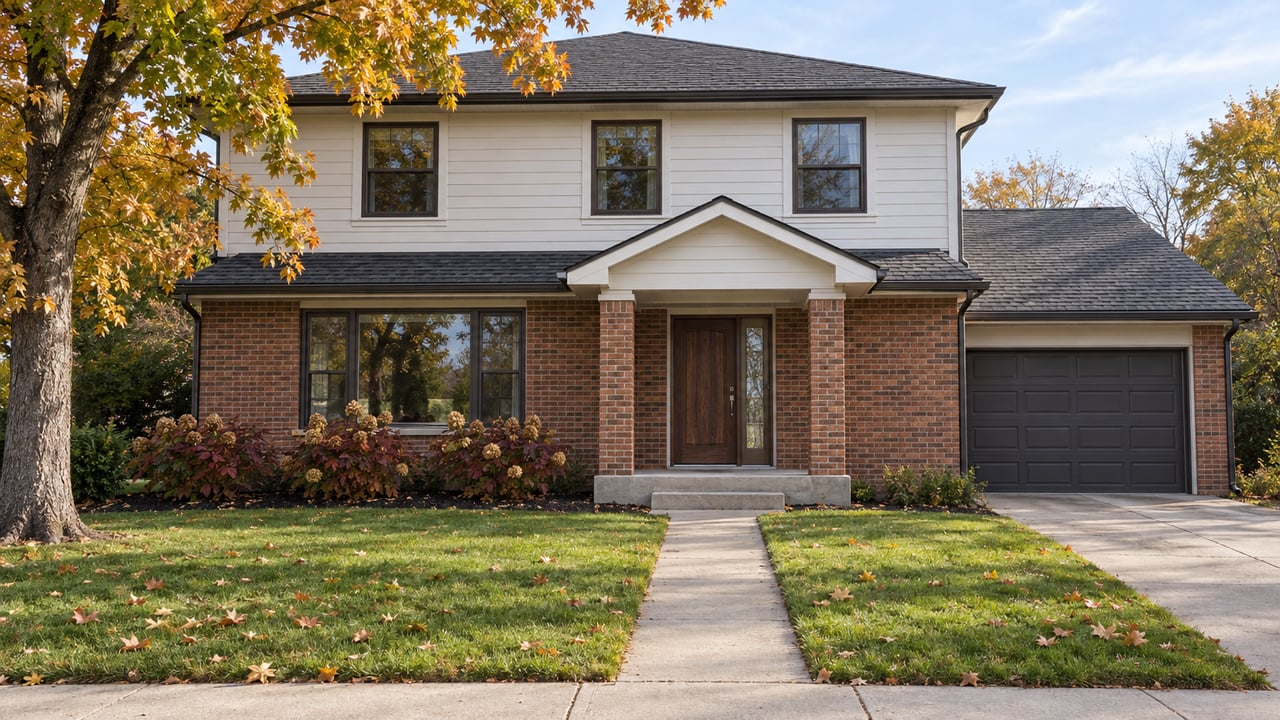 Renovated brick-and-white-siding home beyond a deep lawn, with an amber sugar maple and a sheltered walnut entrance.