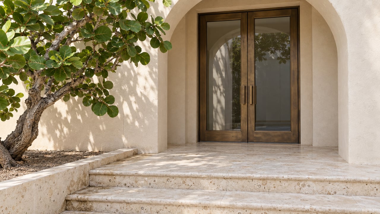 Cream stucco arched entry with bronze-framed glass double doors, weathered limestone steps, and a sculptural sea grape tree.