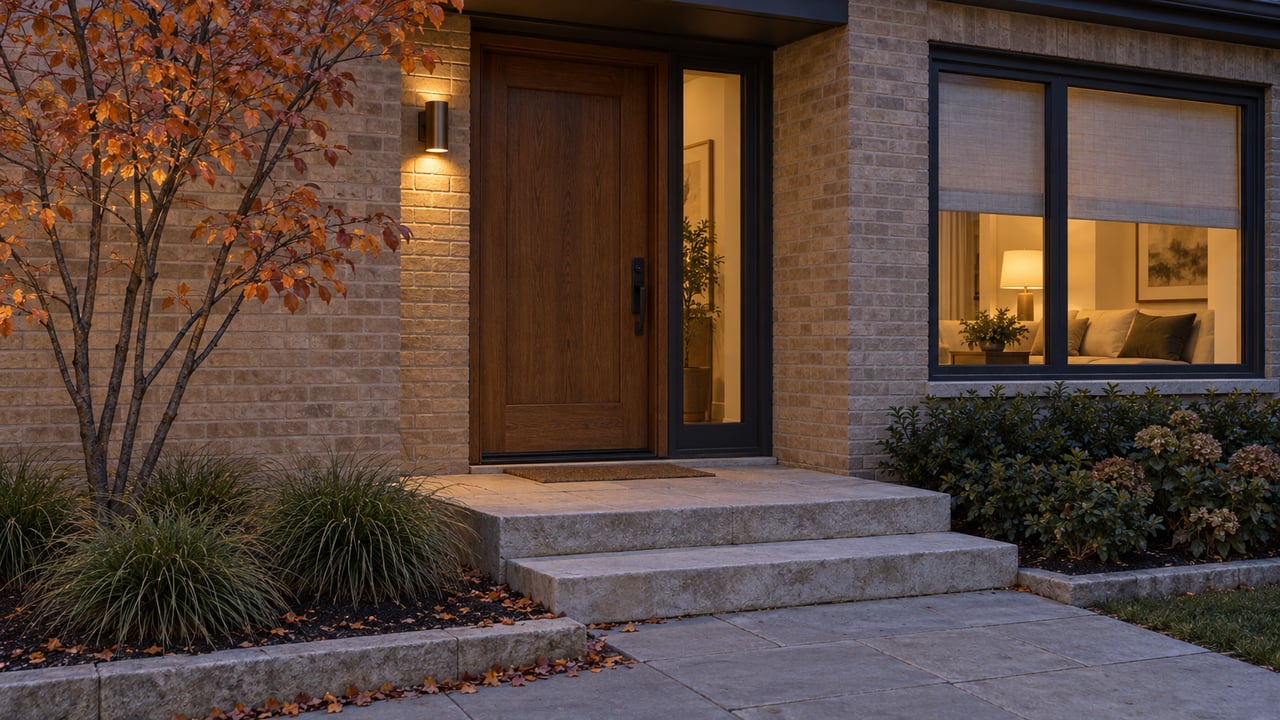 Buff brick home entry with an oak door, glowing sconce, lit window, and sparse copper-orange leaves.