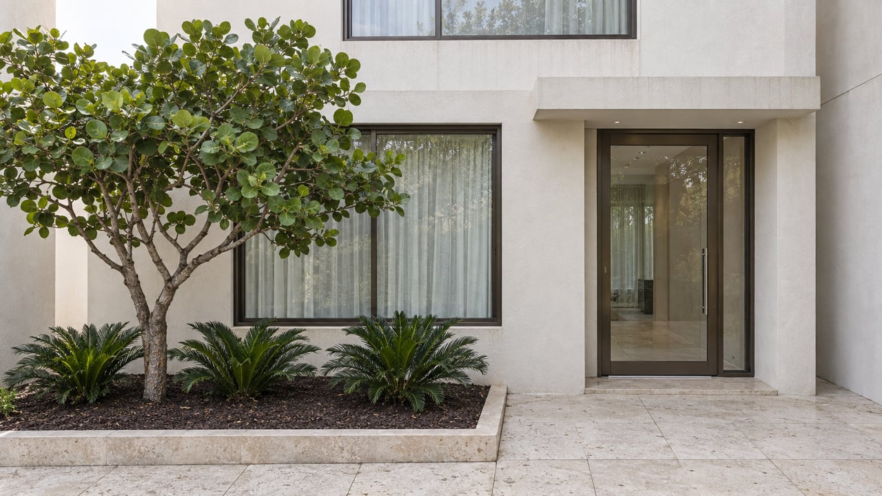 White stucco townhouse entrance with bronze-framed glazing, ivory limestone paving and a sea grape tree in a raised planting bed.