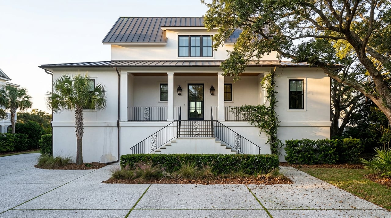 White stucco coastal house with a raised porch, scrollwork iron stair railings, and a live oak canopy.