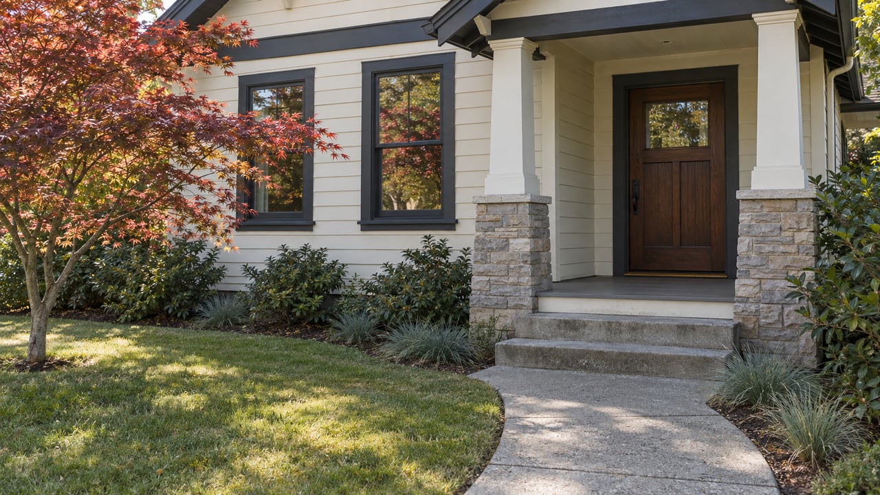 Compact cream-sided house with a recessed porch, curving walkway, shallow lawn, and a single Japanese maple.