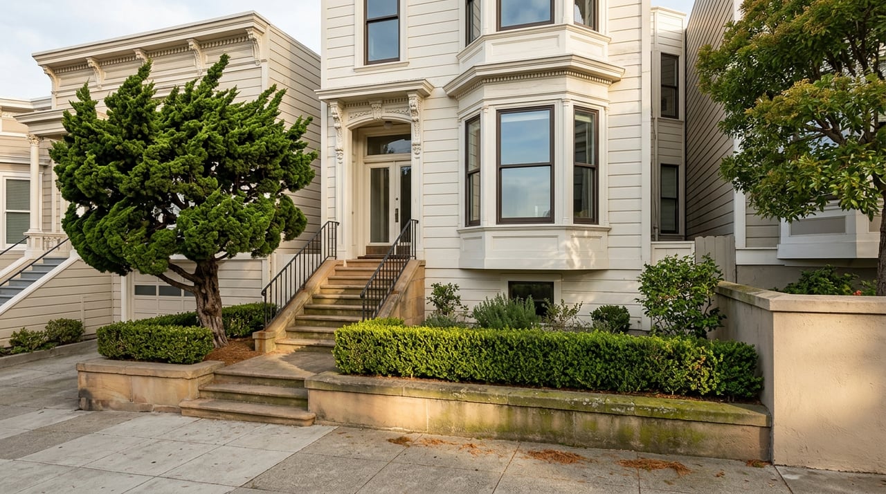 Three-story cream-sided rowhouse with a sandstone stoop, black iron railing, and dense cypress in the garden.