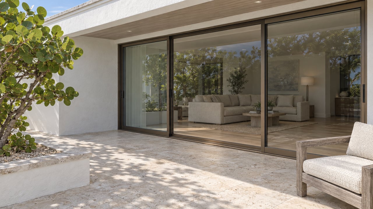 White stucco home opening onto a limestone lanai through bronze-framed glass, beside a sea-grape tree and weathered teak chair.