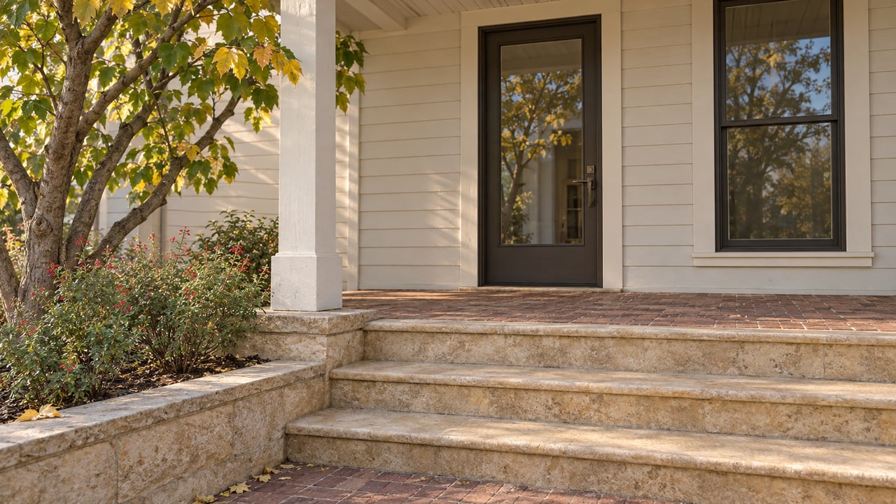 Ivory timber porch with a dark glazed entry, worn limestone steps and a redbud beside a brick approach.