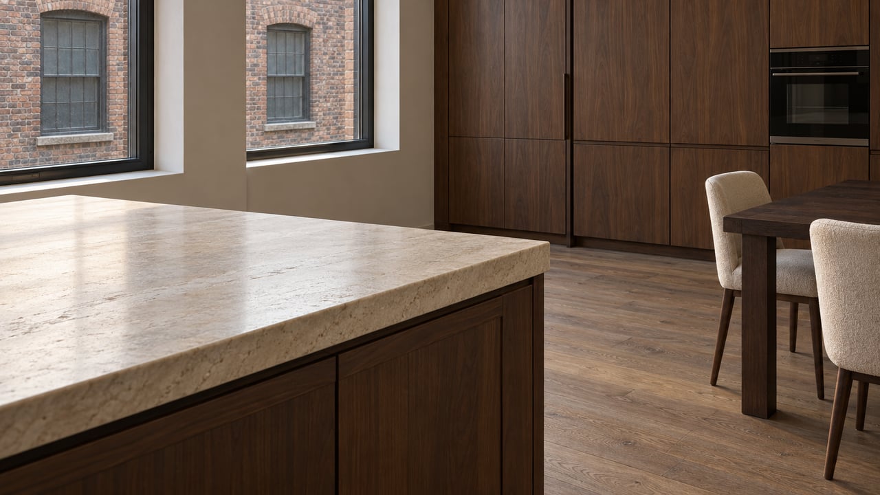 Honed limestone kitchen island and dark walnut cabinetry in a luxury loft, with oak floors and steel-framed windows overlooking brick masonry.