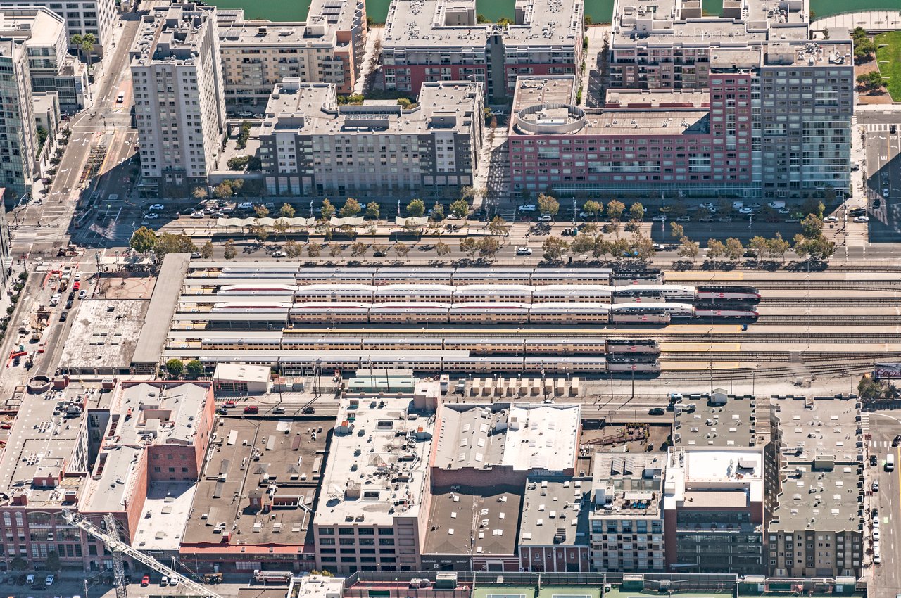 Aerial view of San Francisco Caltrain station and surrounding buildings