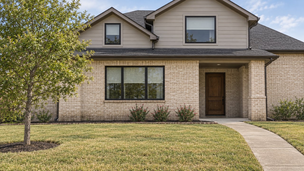 Two-story home with ivory brick, pale taupe gables, black-framed windows, and a deep front lawn leading to a recessed porch.