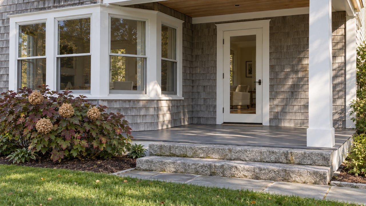 Weathered cedar-shingle house with a white-trimmed window bay, covered side porch, granite steps, and autumn oakleaf hydrangea.