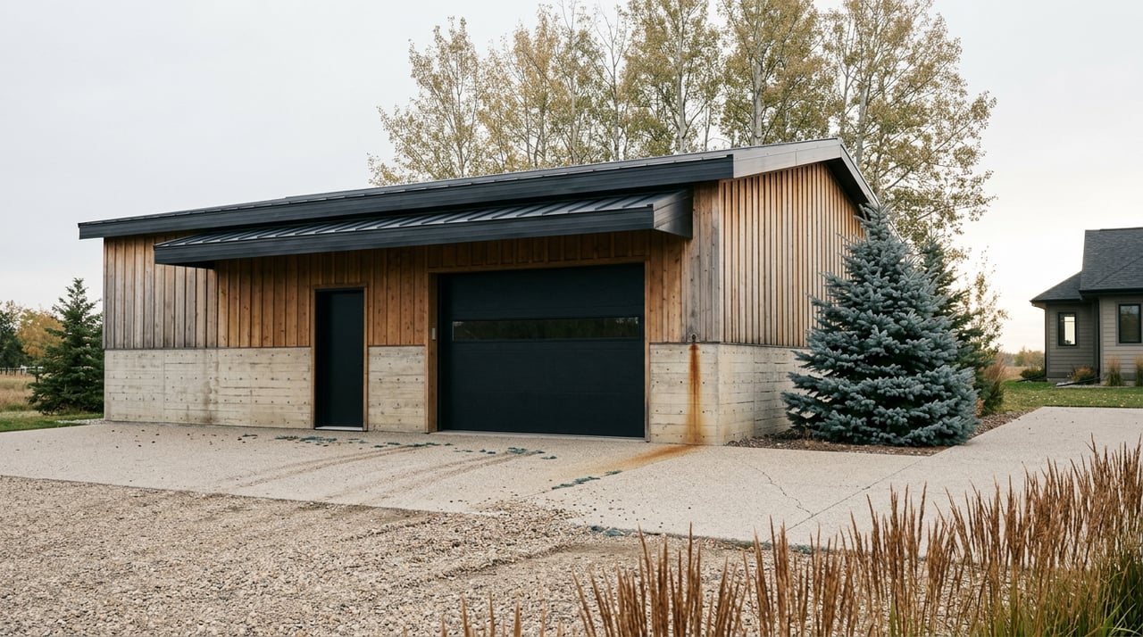 Detached shop with cedar siding, concrete base, and dark metal doors beside a wide gravel motor court.
