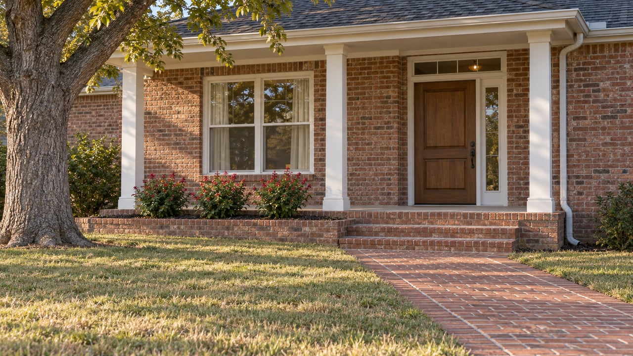 Warm brick home with a white-posted porch, brick steps and a broad, slightly autumn-flecked front lawn beneath a mature pecan tree.